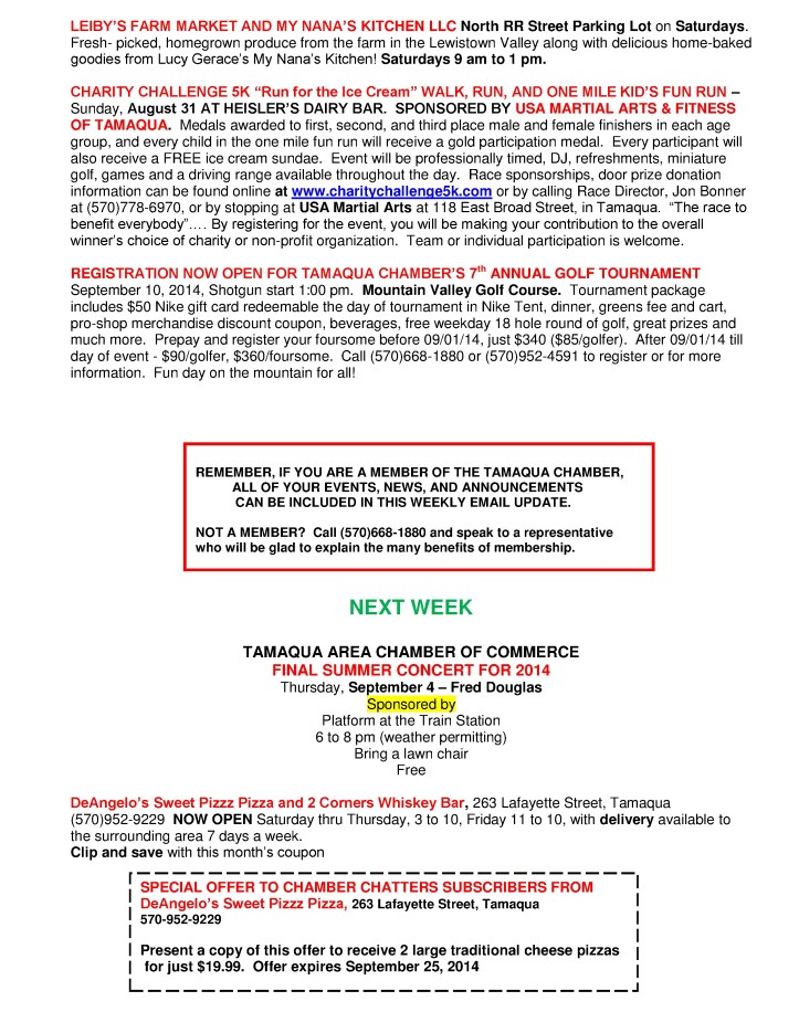 8-29-2014, Tamaqua Chamber of Commerce, Chamber Chatters2