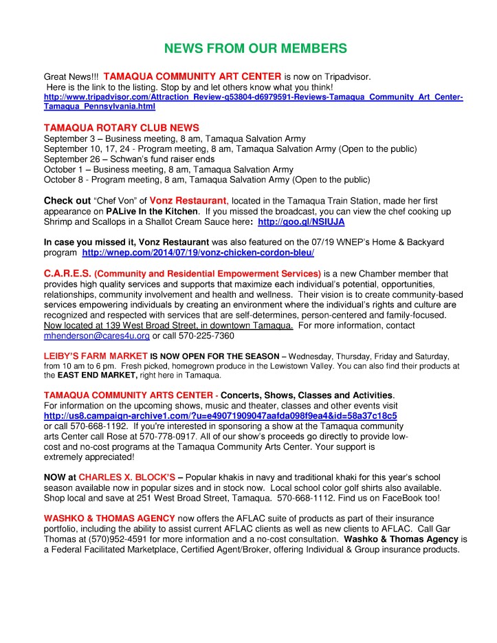 8-29-2014, Tamaqua Chamber of Commerce, Chamber Chatters4