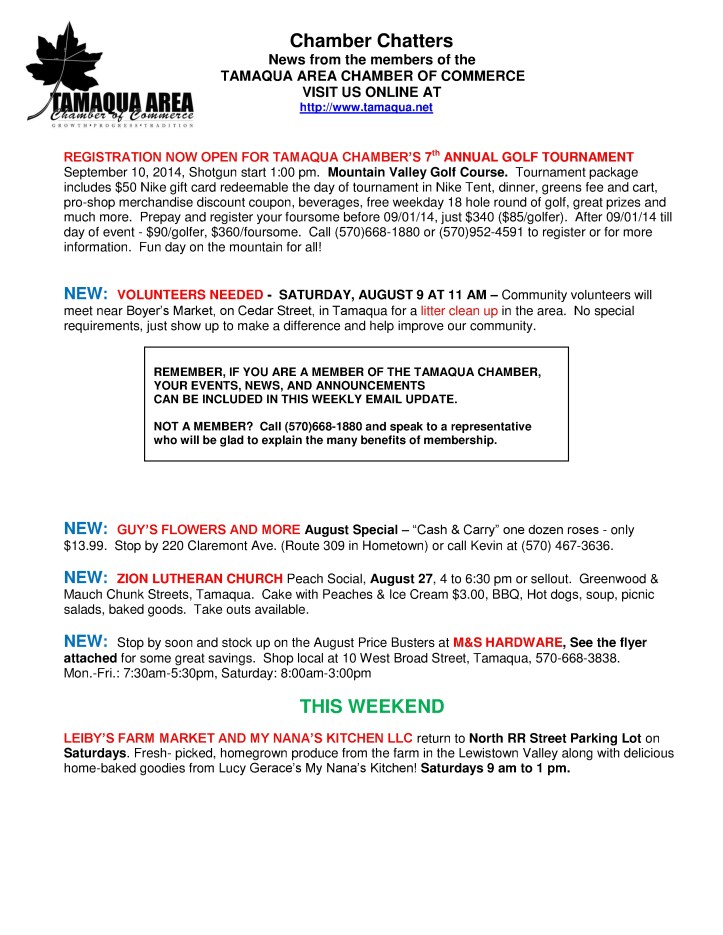 8-8-2014, Tamaqua Chamber of Commerce, Chamber Chatters1