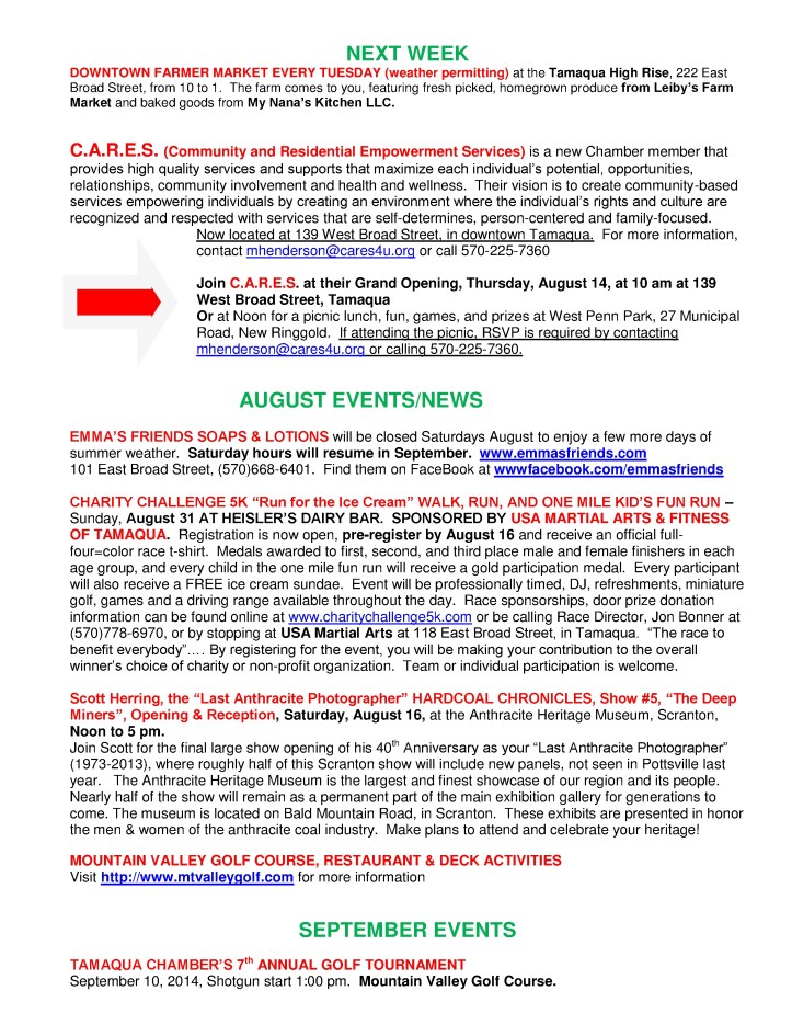 8-8-2014, Tamaqua Chamber of Commerce, Chamber Chatters2