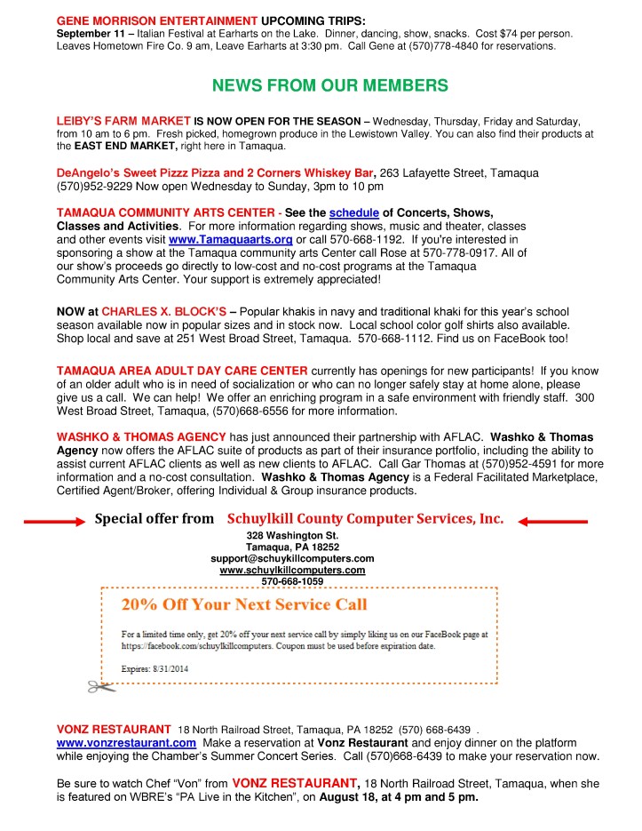 8-8-2014, Tamaqua Chamber of Commerce, Chamber Chatters3