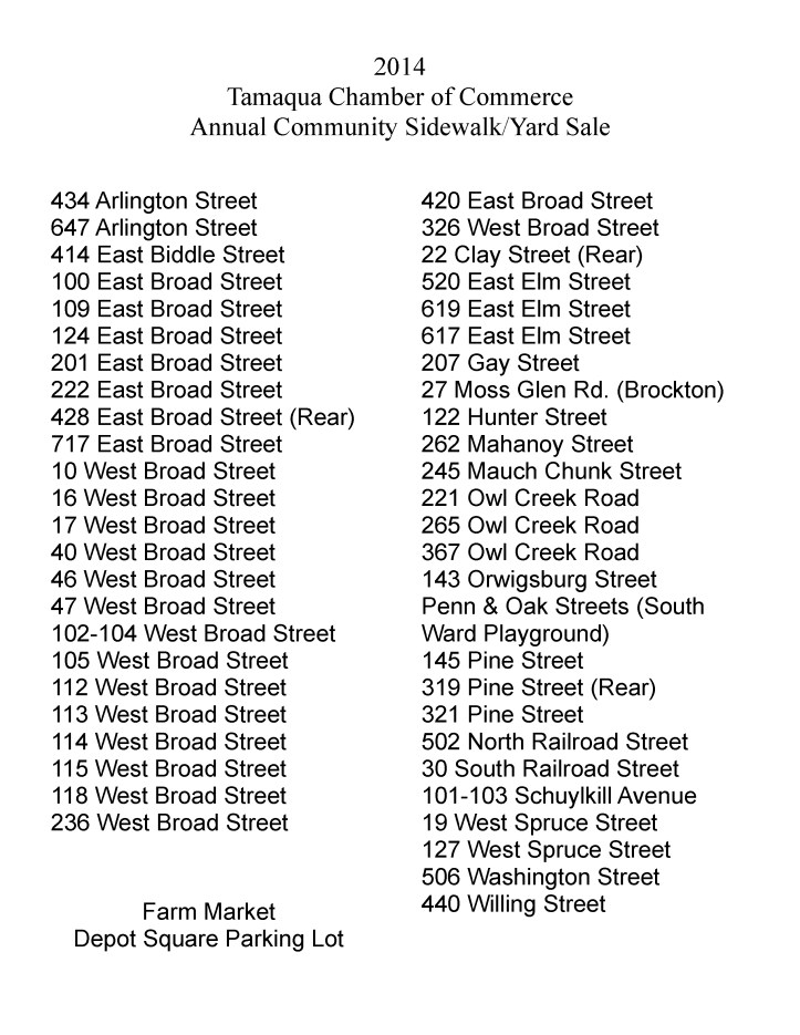 Addresses of Yard Sales, Tamaqua Community Yard Sale, August 2 2014
