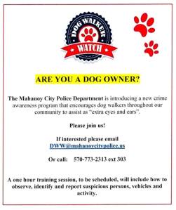 Dog Walker Crime Watch, Police Department, Mahanoy City, STORY, 8-10-2014