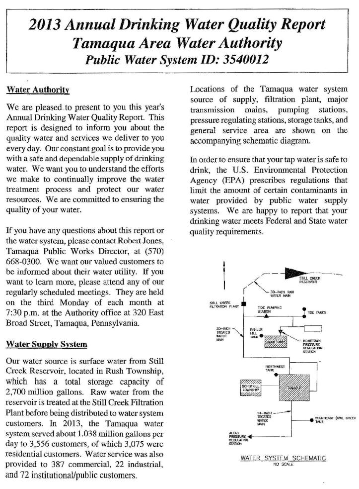 Tamaqua Annual Drinking Water Report, 2013, CCR, STORY-page1