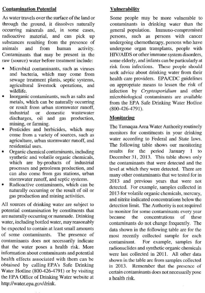Tamaqua Annual Drinking Water Report, 2013, CCR, STORY-page2