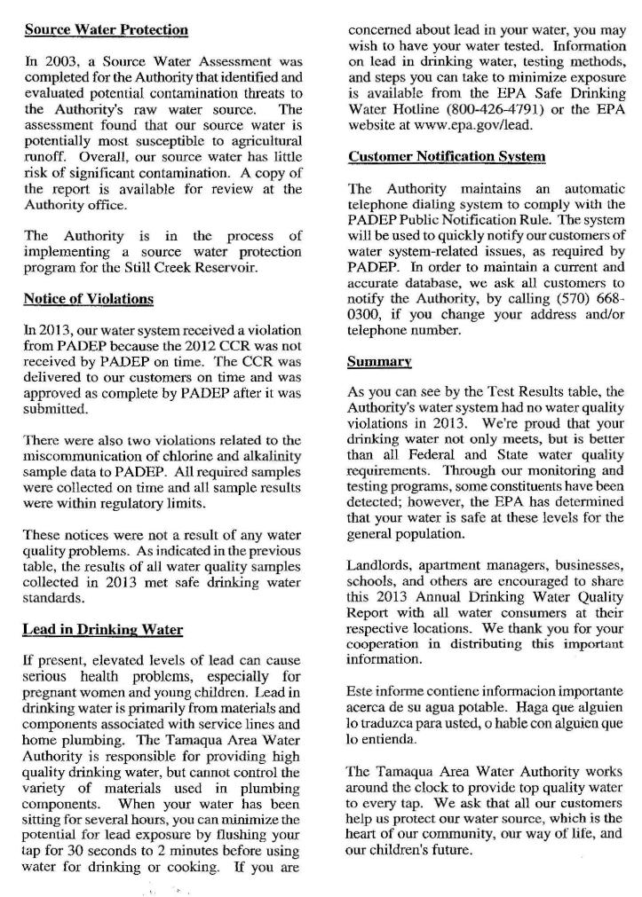 Tamaqua Annual Drinking Water Report, 2013, CCR, STORY-page4