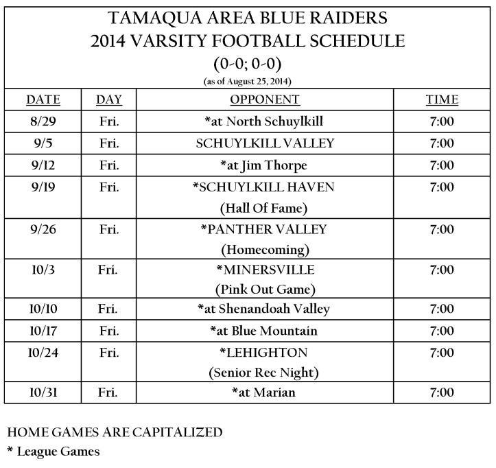 Tamaqua Area Fall Football Schedule 2014 TASD