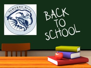 Inside of a classroom with back to school on the chalkboard