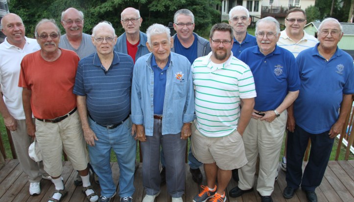 Pictured from front left are Herb Eisman (Deputy Grand Night), Dan McHugh (trustee), William Zammer (chancellor), Glenn Mummey (warden), Bob Hagerty (trustee), and Ermano Agosti (trustee). From back left are Joseph Ward (treasurer), Dale Osenbach (guard), Nick Koshuta (financial secretary), Tom Ward (recorder), Bob Blihar (Grand Night), and Larry Fritzinger (guard).