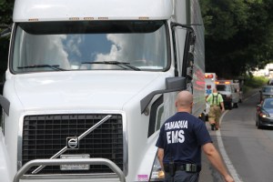 Tractor Trailers Swipe Mirrors on Hometown Hill, SR309, Hometown, 8-13-2014 (14)