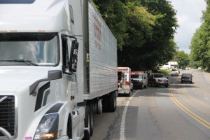 Tractor Trailers Swipe Mirrors on Hometown Hill, SR309, Hometown, 8-13-2014 (19)