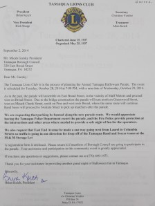 10-28-2014, Tamaqua Halloween Parade letter, to Borough Council, Tamaqua