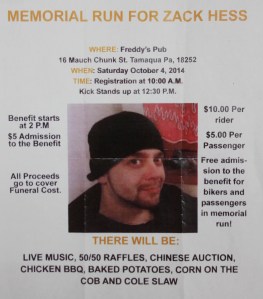 10-4-2014, Memorial Run For Zack Hess, Freddy's Pub, Tamaqua