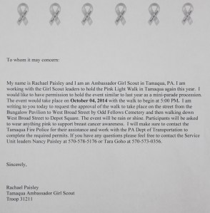10-4-2014, Pink Light Walk, Girl Scouts, Bungalow Park to Depot Square Park, Tamaqua