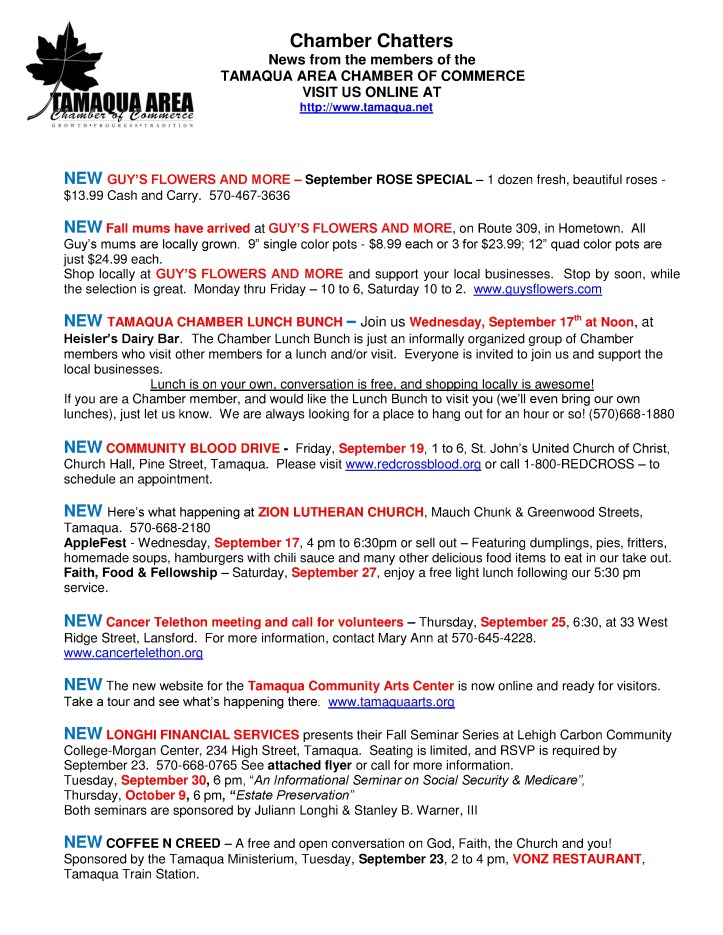 9-12-2014, Tamaqua Chamber of Commerce, Chamber Chatters1