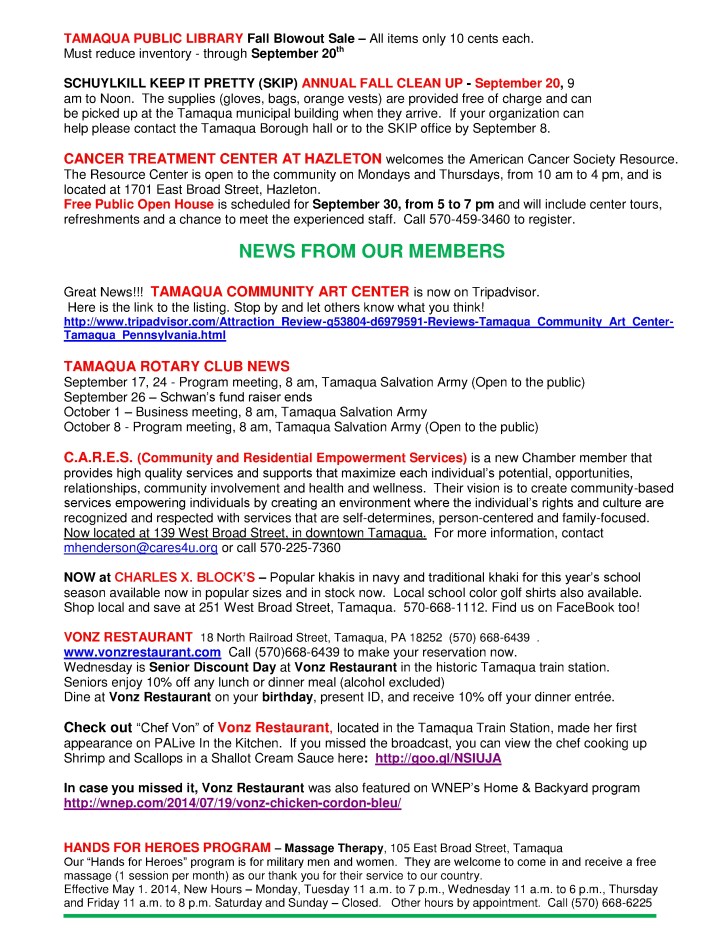 9-12-2014, Tamaqua Chamber of Commerce, Chamber Chatters4