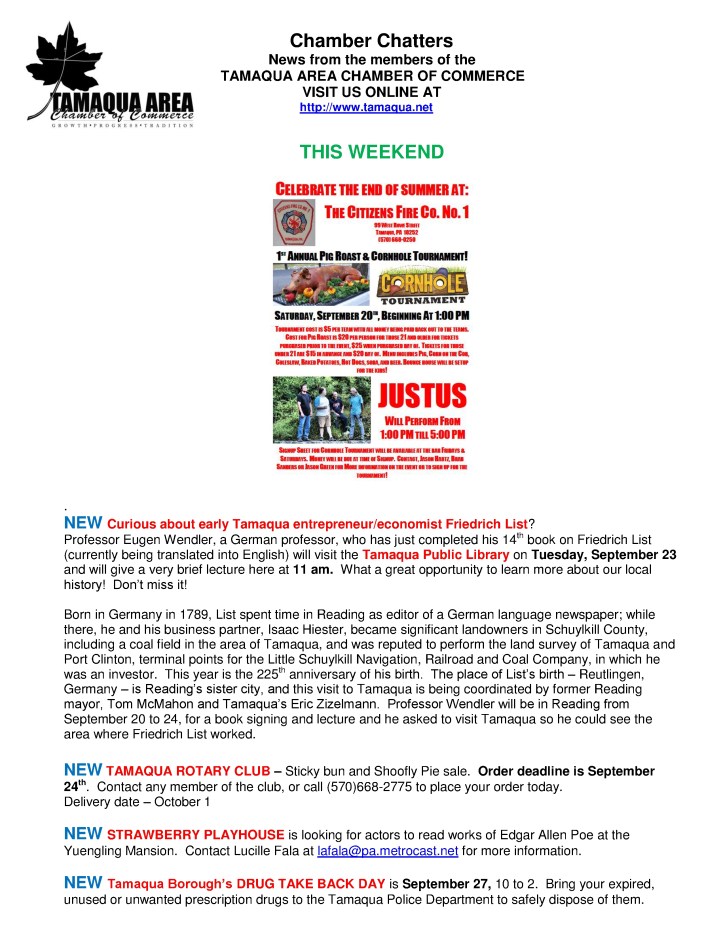 9-19-2014, Tamaqua Chamber of Commerce, Chamber Chatters1