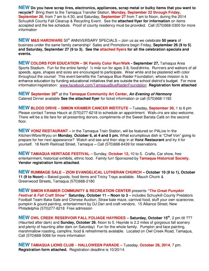 9-19-2014, Tamaqua Chamber of Commerce, Chamber Chatters2