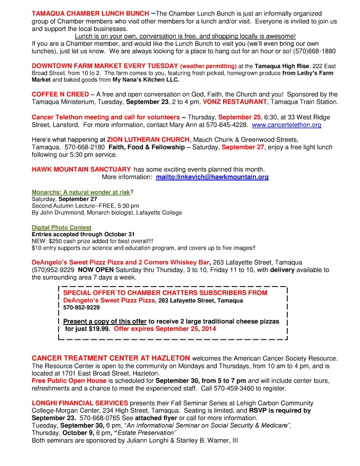 9-19-2014, Tamaqua Chamber of Commerce, Chamber Chatters4