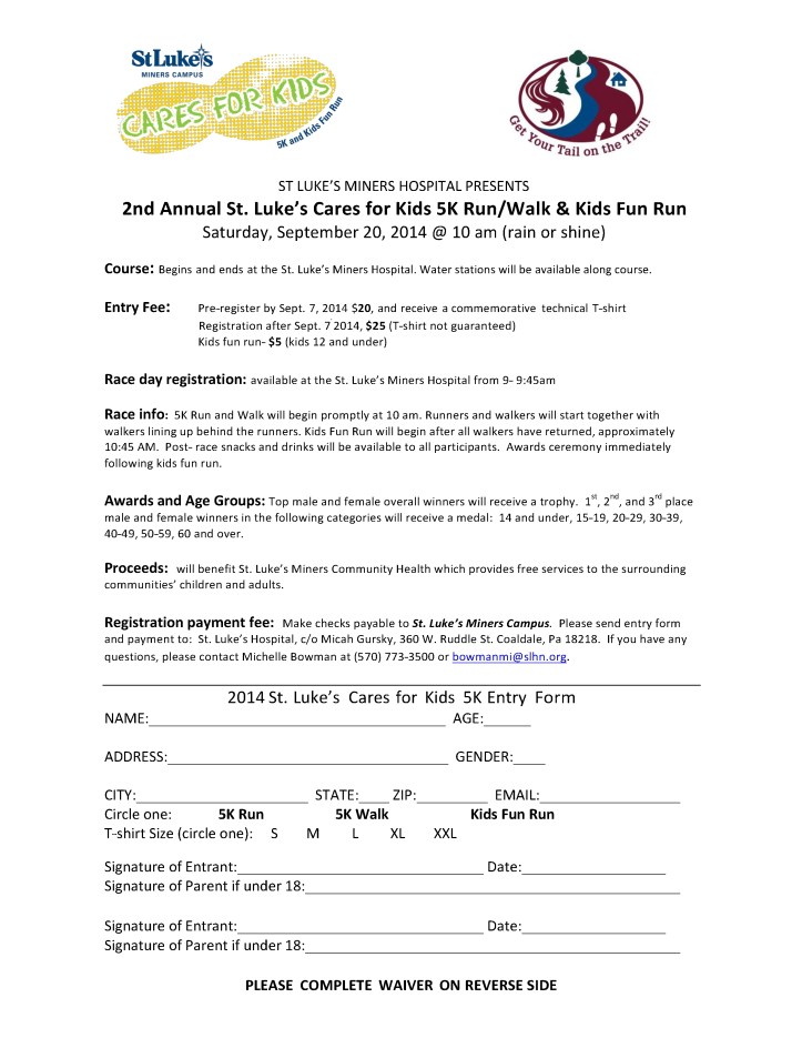 9-20-2014, St. Luke's Cares For Kids 5K Run Walk, Hospital, Coaldale, APPLICATION, page 1 of 2