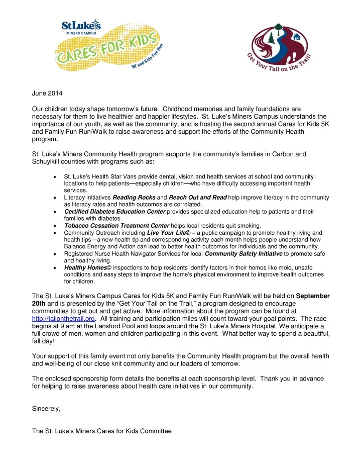 9-20-2014, St. Luke's Cares For Kids 5K Run Walk, Hospital, Coaldale, SPONSORSHIP LETTER