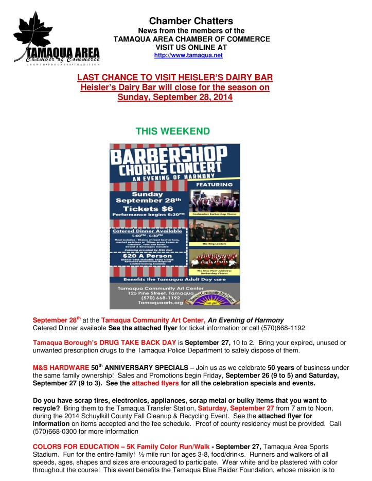 9-26-2014, Tamaqua Chamber of Commerce, Chamber Chatters1