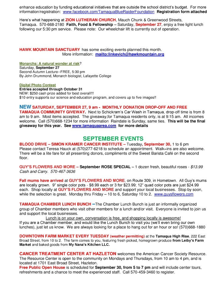 9-26-2014, Tamaqua Chamber of Commerce, Chamber Chatters2