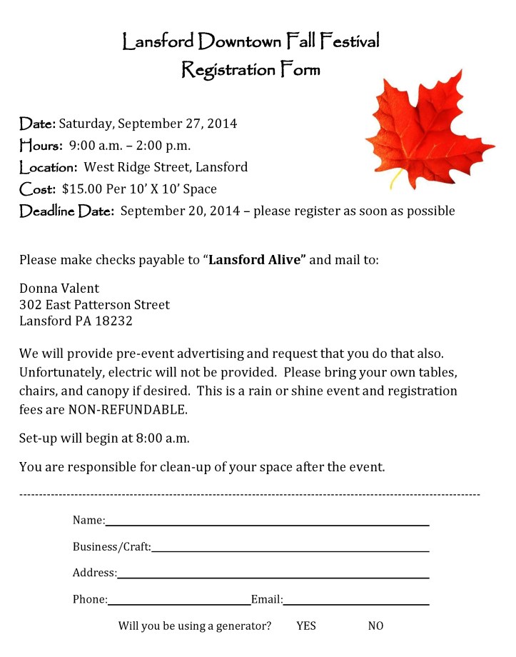 9-27-2014, Fall Festival, Vendor & Craft Show, Lansford, REGISTRATION FORM1