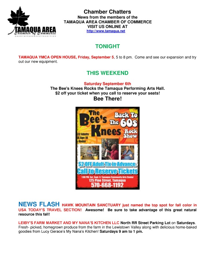 9-5-2014, Tamaqua Chamber of Commerce, Chamber Chatters1