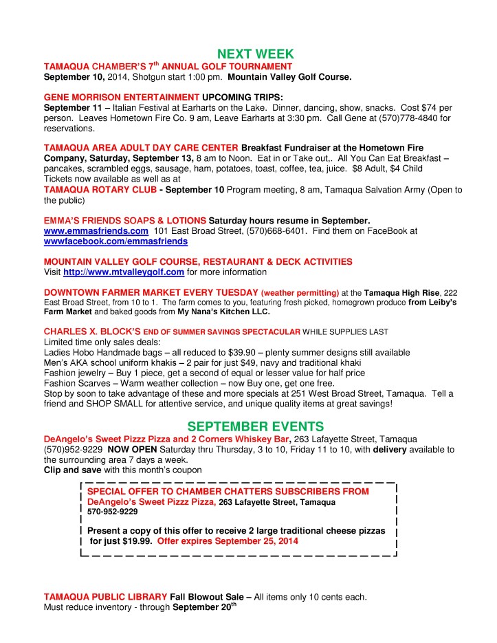 9-5-2014, Tamaqua Chamber of Commerce, Chamber Chatters3