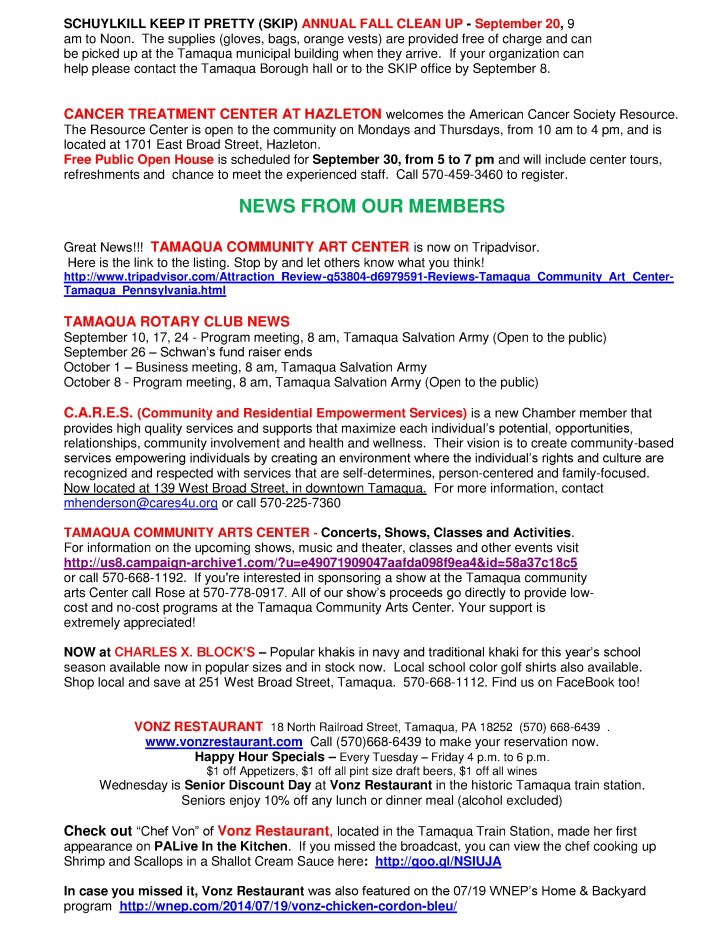 9-5-2014, Tamaqua Chamber of Commerce, Chamber Chatters4