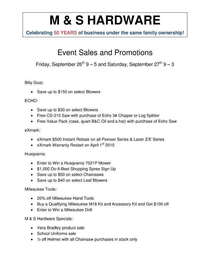M and S Event Sales and Promotions Flyer 2014, Tamaqua