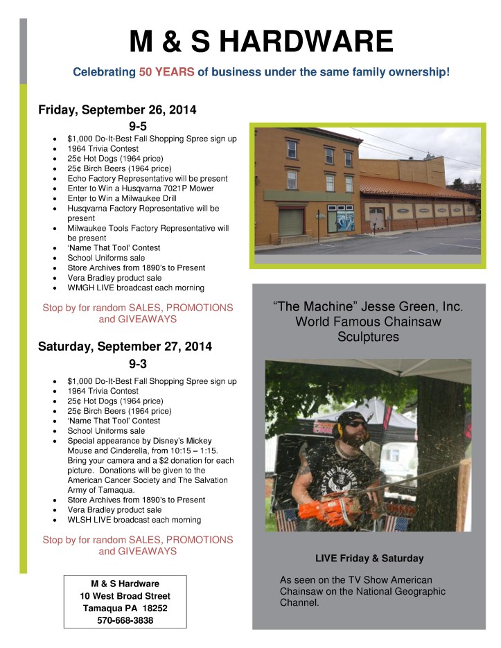M and S Hardware Anniversary Agenda Flyer1 2014, Tamaqua