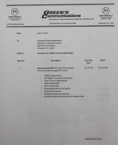 Quote from Green's Communications regarding digital police radios, Tamaqua (1)