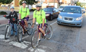 Stopped at the Five Points intersection are Tamaqua Salvation Army Bike Riders, from left, Paul Jandrisevitz Jr., 13; Noah Griffin, 14; and Angel Velazquez, 46. Driving the support van is Jesse Gindhart-Durning.