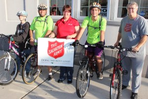 Pictured during this morning's ride send-off, from left, were Paul Jandrisevitz Jr., 13, (rider); Angel Velazquez, 46, (rider); Tamaqua Salvation Army Major Sharon Whispell; Noah Griffin, 14, (rider); and Jessie Gindhart-Durning, (vehicle support driver). 
