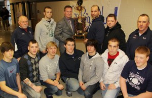 In 2012, the Tamaqua Raiders won their first ever Anthracite Football League Championship as they finished the regular season with an undefeated 10-0 regular season record, including an 8-0 mark in the AFL. From front left are Dylan Houser, Nolan Zeigler, Derek Vandermartin, Austin Resch, Dalton Nunemacher, Brandon Fogel and Luke Matsago. Back, same order, assistant coach Dave Malkin, Jake Love Sr., Anthracite Football Chairman Carl McBreen, coach Sam Bonner, assistant coach Clarence Opolsky and assistant coach Mike Bonner.