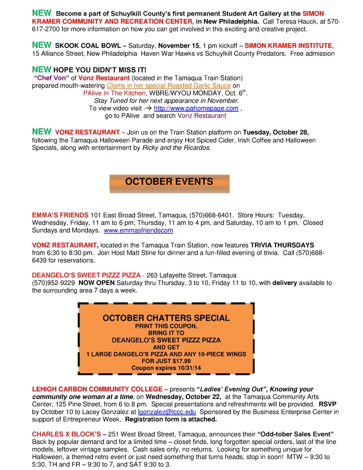 10-10-2014, Tamaqua Chamber of Commerce, Chamber Chatters2
