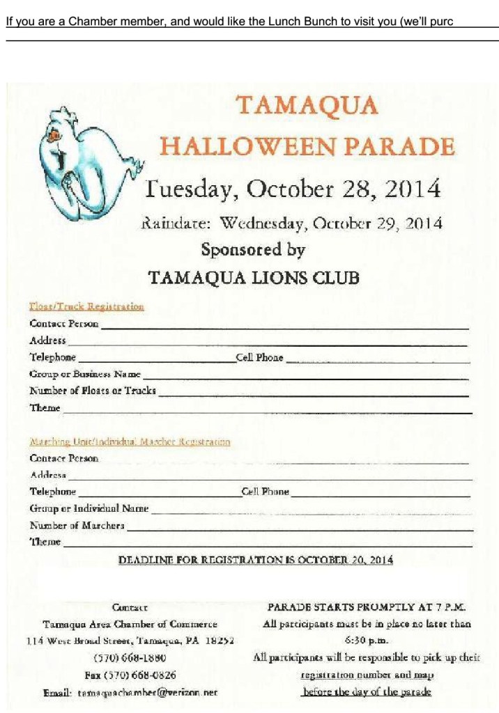 10-17-2014, Tamaqua Chamber of Commerce, Chamber Chatters, Tamaqua Halloween Parade Registration