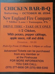 10-18-2014, Chicken BBQ, New England Fire Company, Walker Township