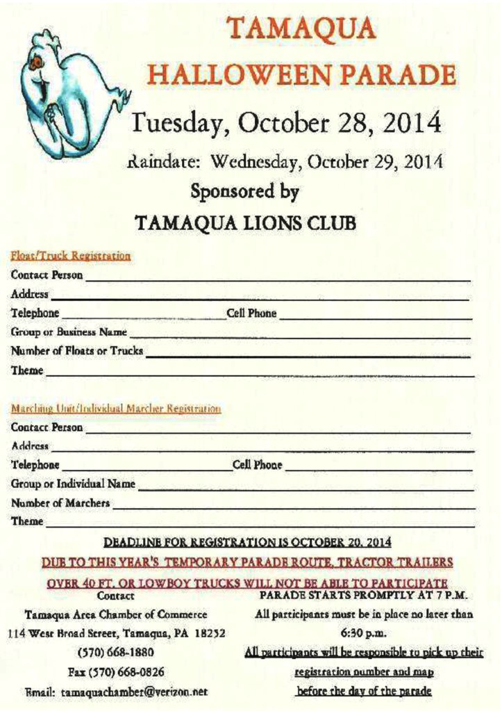 10-28-2014, Tamaqua Halloween Parade REGISTRATION FORM