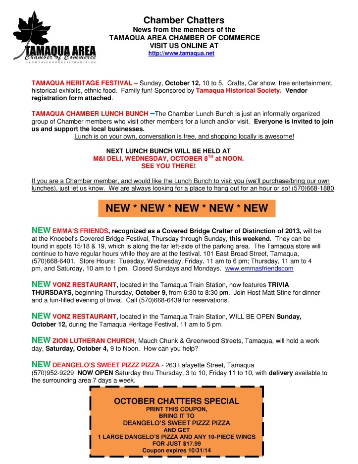 10-3-2014, Tamaqua Chamber of Commerce, Chamber Chatters1