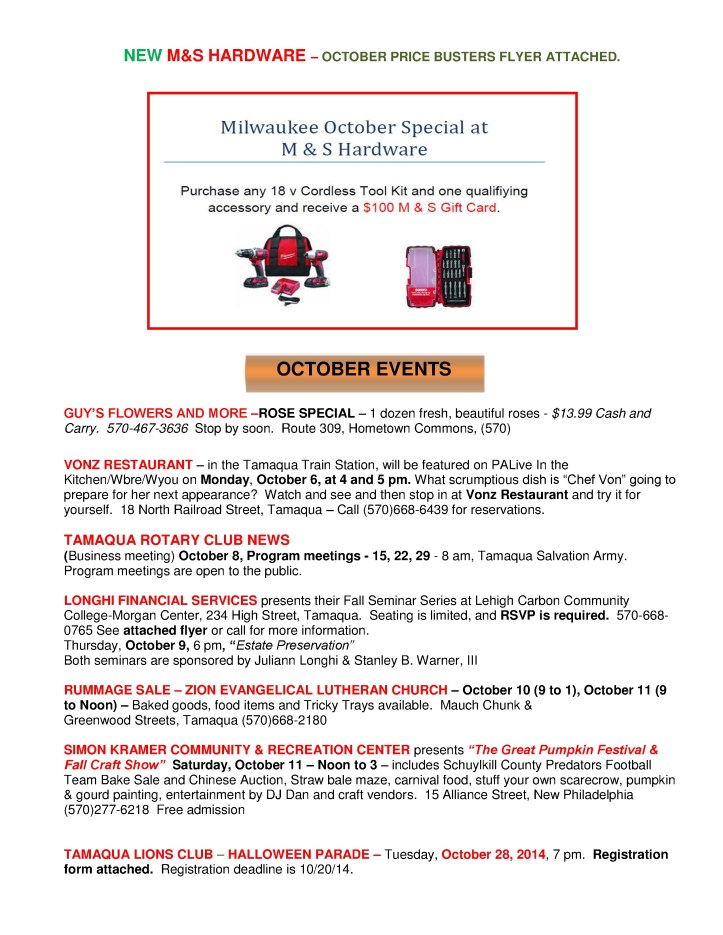 10-3-2014, Tamaqua Chamber of Commerce, Chamber Chatters3