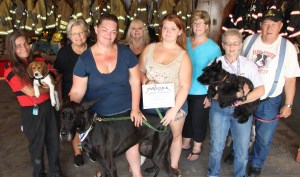 Pictured from left are volunteers Lizzy Brown with beagle Lucky, Charlotte Bubon, Amy Paules with great dane Bruce, Bethany Bachert, Kadie Paules, Ruthann Kehn, Andrea Marcin with scottie Beah, and VFW Commander Mike Vigoda.