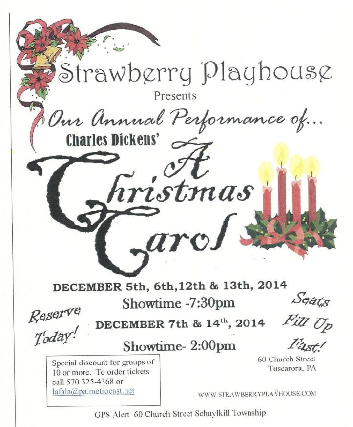 11-20-2014, Tamaqua Chamber of Commerce, Chamber Chatters, A Christmas Carol at Strawberry Playhouse starting Dec. 5