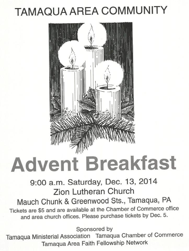 11-20-2014, Tamaqua Chamber of Commerce, Chamber Chatters, Advent Breakfast at Zion Church on Dec. 13