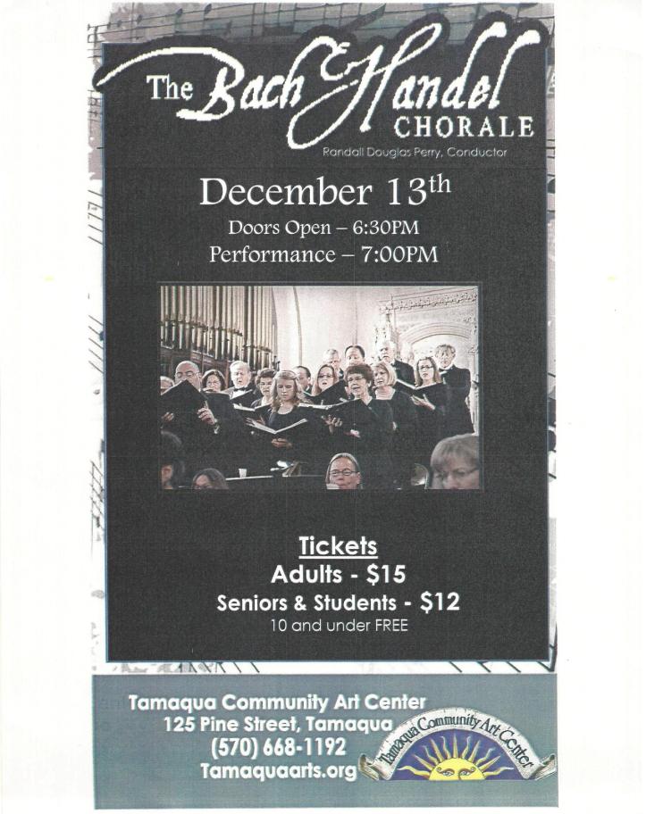 11-20-2014, Tamaqua Chamber of Commerce, Chamber Chatters, Bach and Handel Chorale at TCAC on Dec. 13
