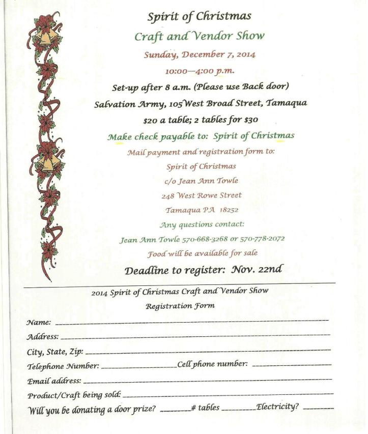 11-20-2014, Tamaqua Chamber of Commerce, Chamber Chatters, Christmas Craft and Vendor Fair at Salvation Army on December 7