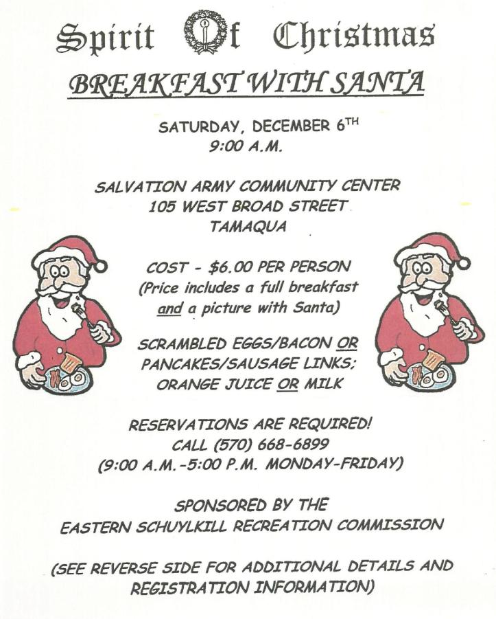 11-20-2014, Tamaqua Chamber of Commerce, Chamber Chatters, ESRC Breakfast With Santa at Salvation Army on Dec. 6