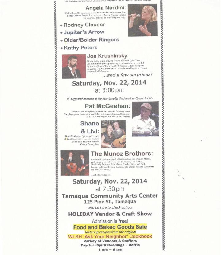 11-20-2014, Tamaqua Chamber of Commerce, Chamber Chatters, Food and Bake Sale, Entertainment at TCAC, Nov.
